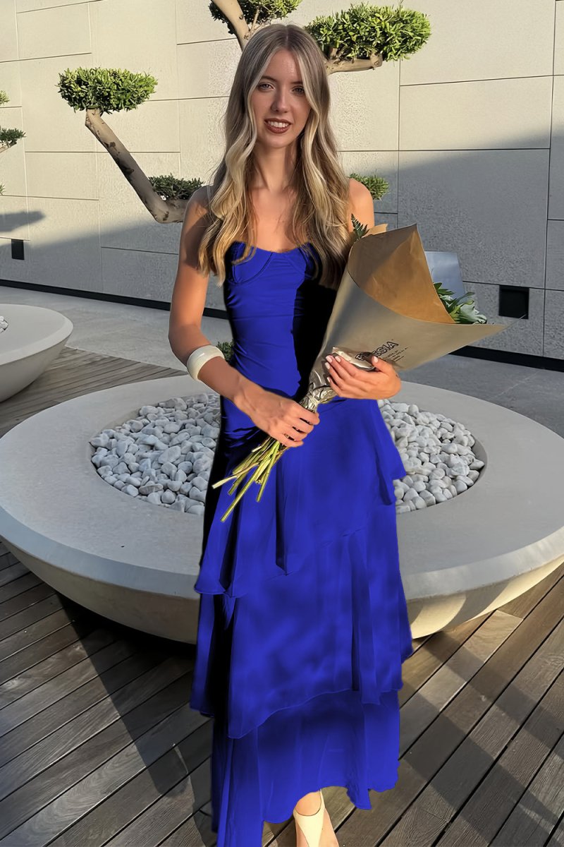 Saevy | Yellow - Spaghetti Straps Chiffon Sheath Long Formal Prom Dresses With Ruffles - KissProm