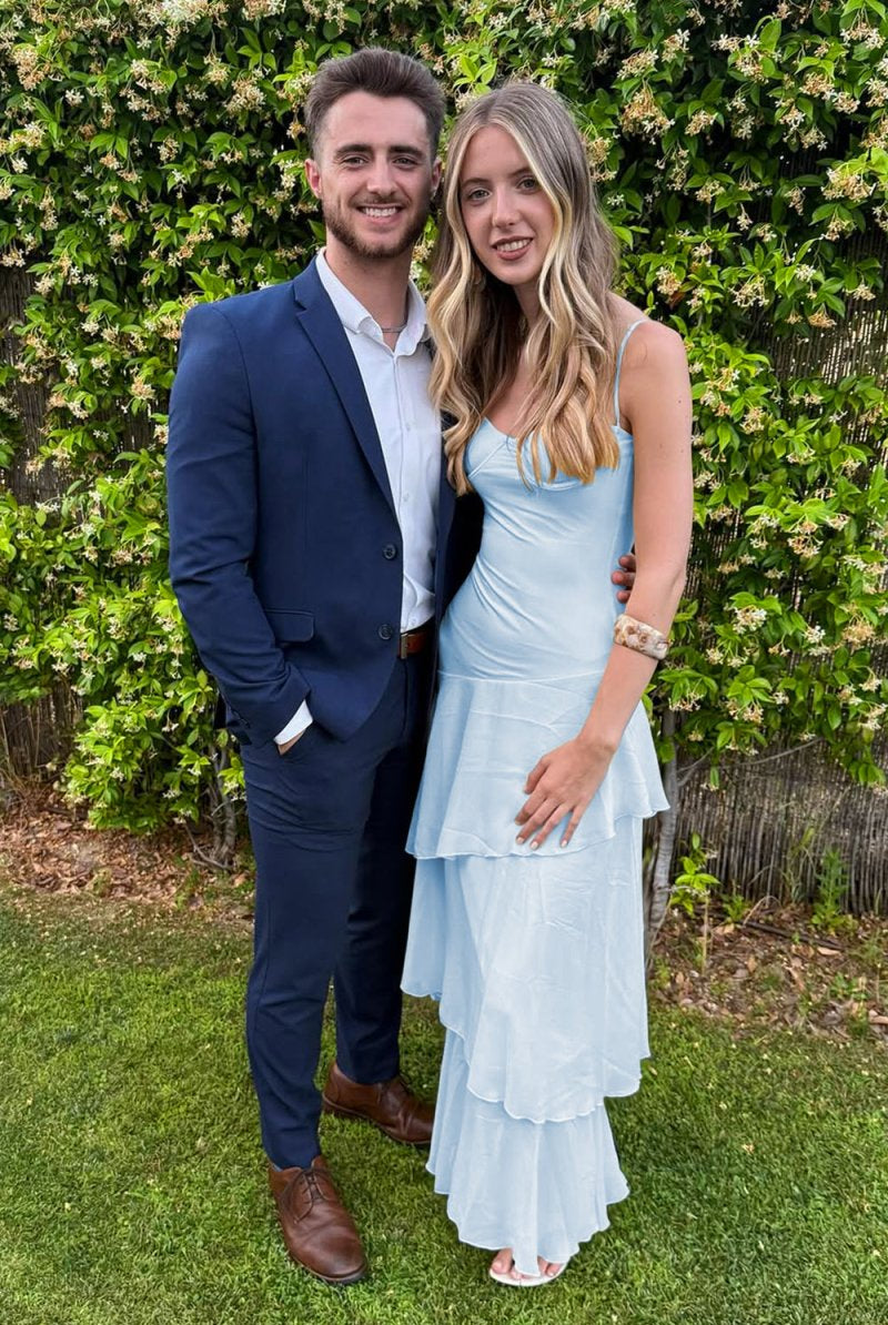 Saevy | Yellow - Spaghetti Straps Chiffon Sheath Long Formal Prom Dresses With Ruffles - KissProm