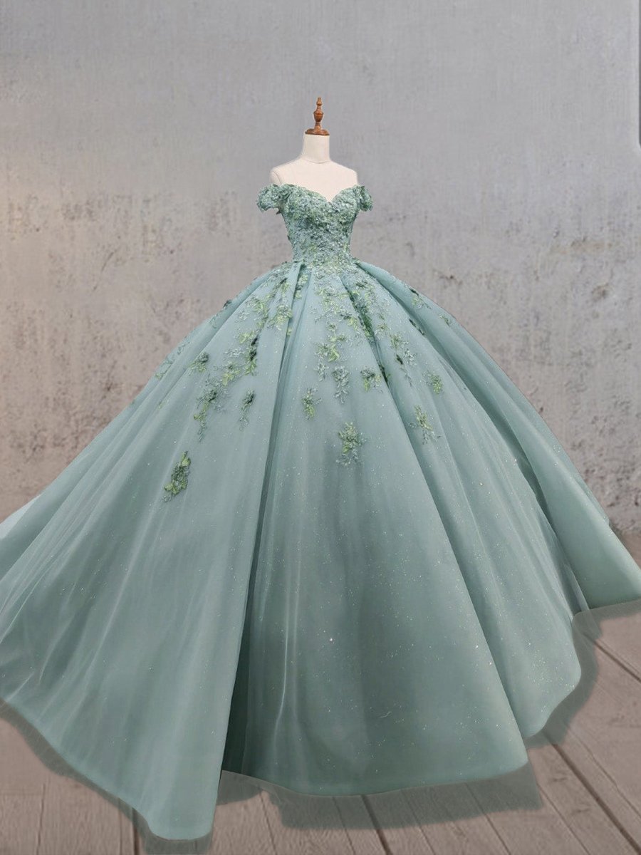 Sage Green Ball - Gown Off - the - Shoulder Quinceanera Dresses - KissProm