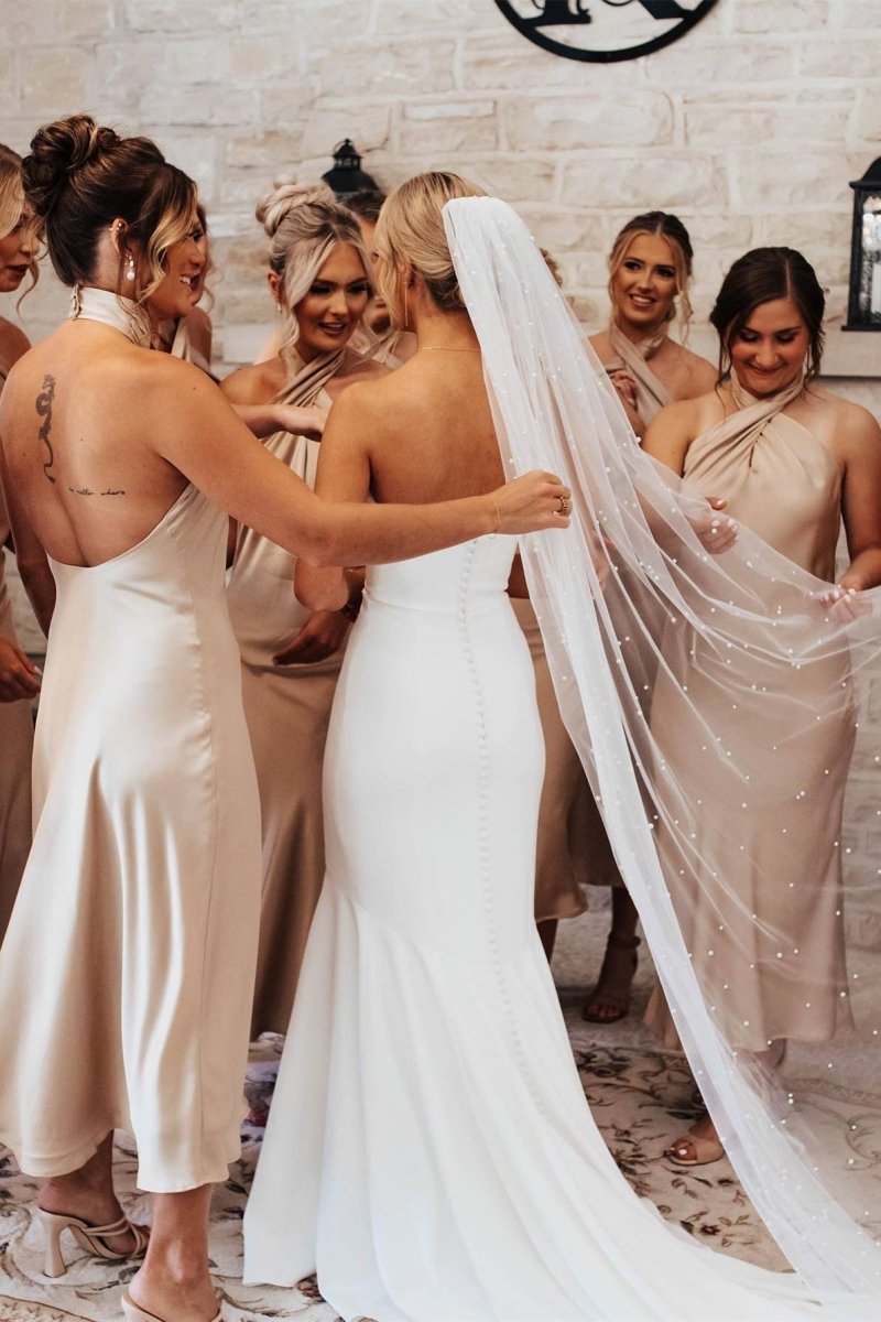 Sage Green Halter Sheath Ankle Length Bridesmaid Dress