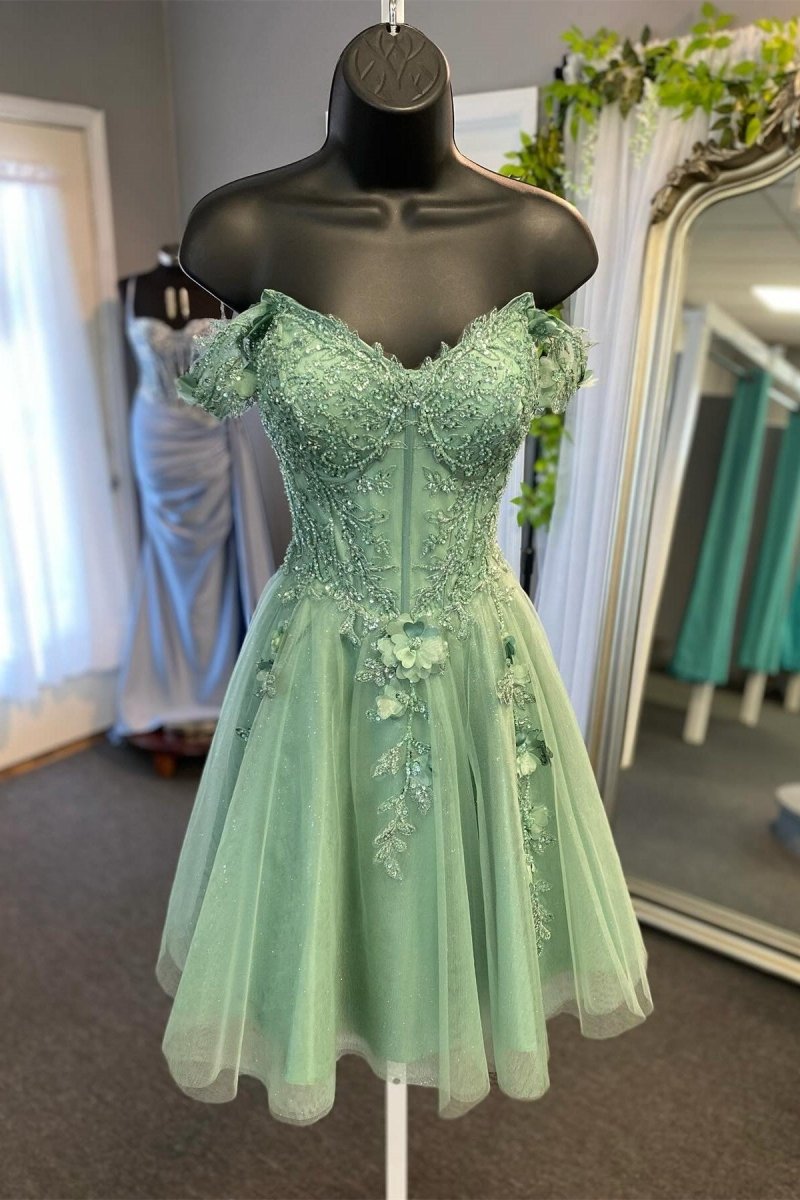 Sage Green Off-The-Shoulder Beaded Appliques A-Line Mini Dress Sage Green / 12