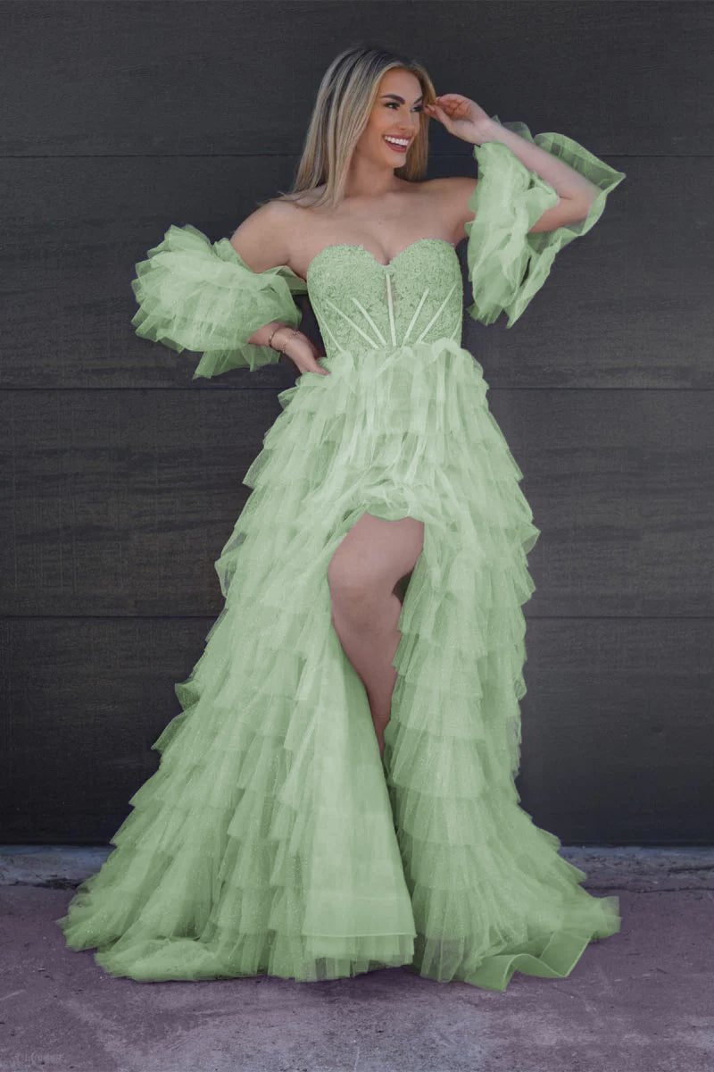 Lilian |A line Sweetheart Glitter Tulle Prom Dress with Slit - KissProm