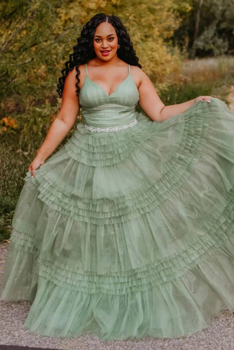 Amanda| A-Line Spaghetti Straps Long Tiered Tulle Prom Dress With Split