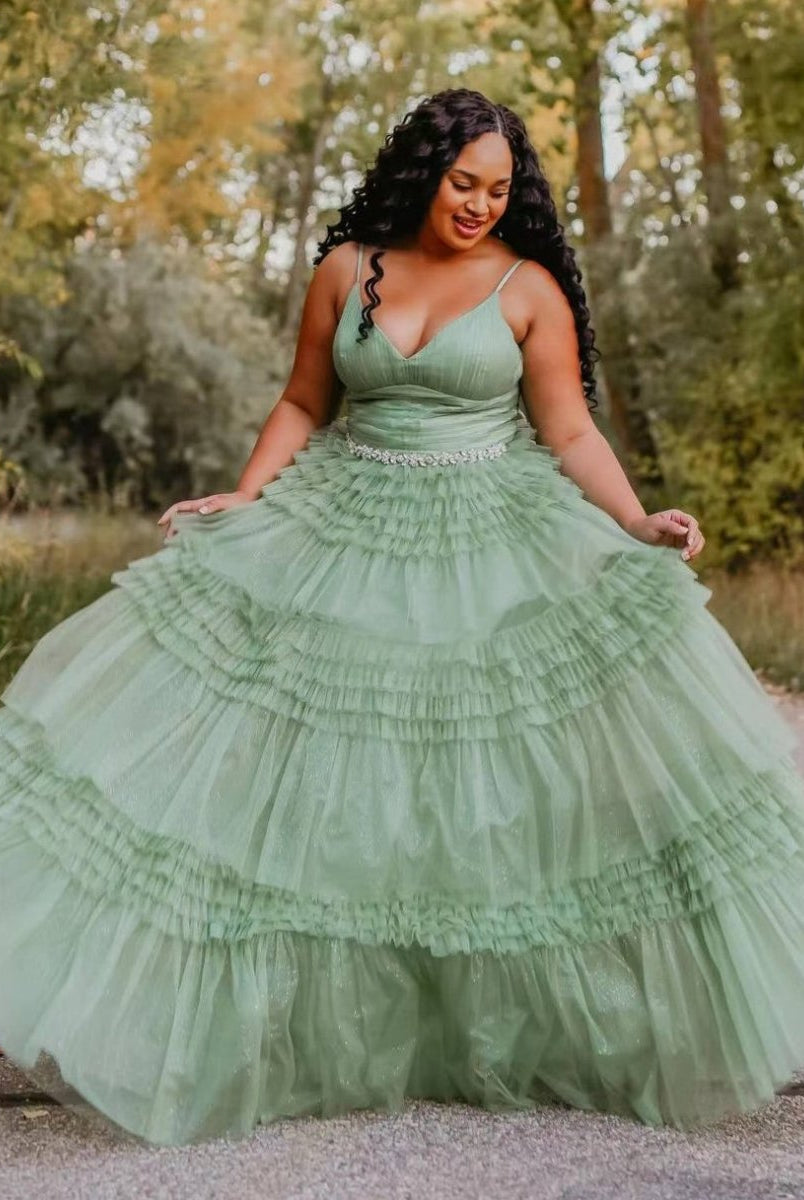 Amanda| A-Line Spaghetti Straps Long Tiered Tulle Prom Dress With Split