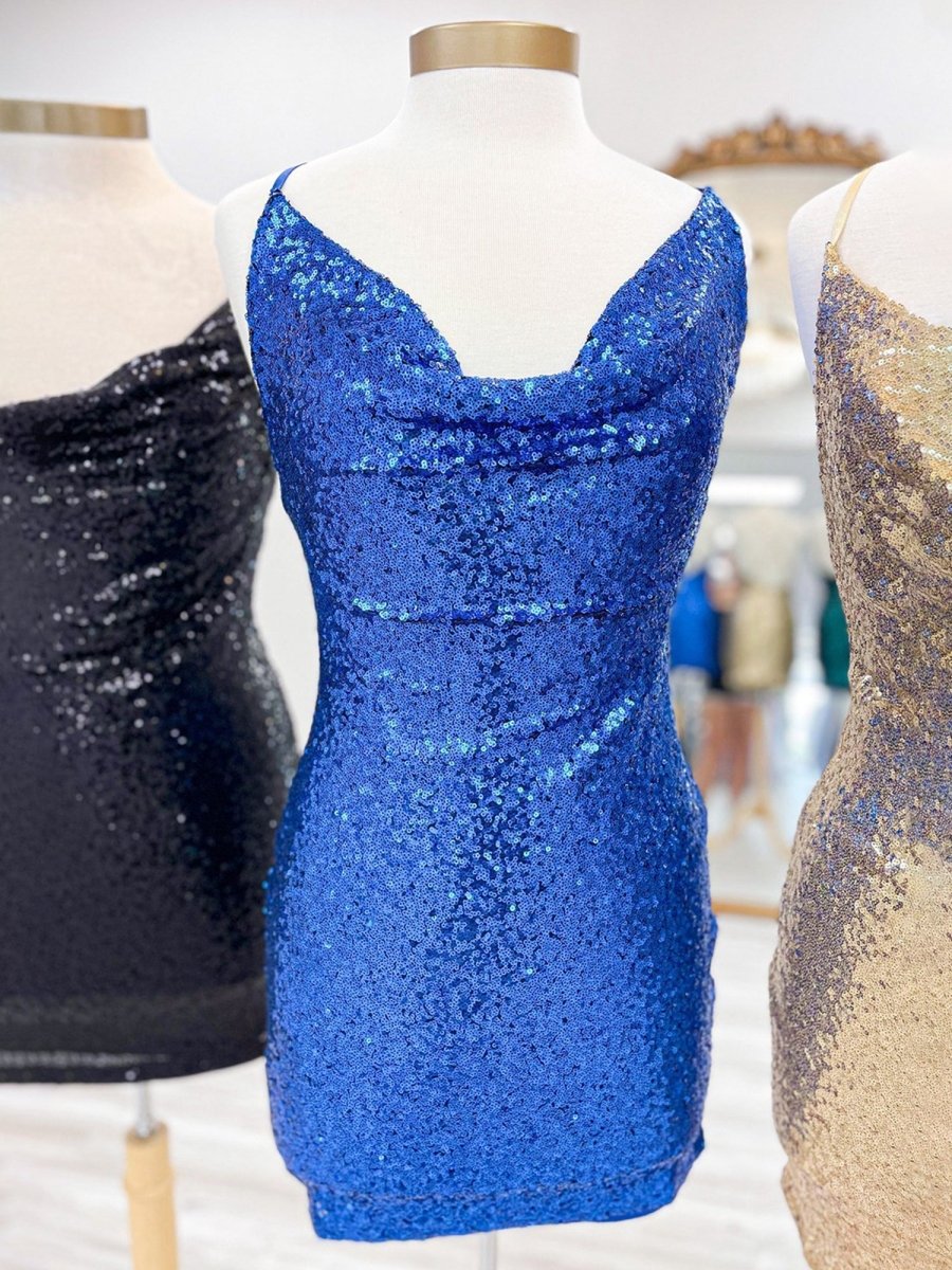 Salvia | Royal Blue - Spaghetti Straps Sequins Sheath Short Homecoming Dress