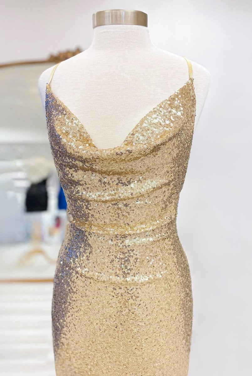 Salvia | Gold - Spaghetti Straps Sequins Sheath Short Homecoming Dress