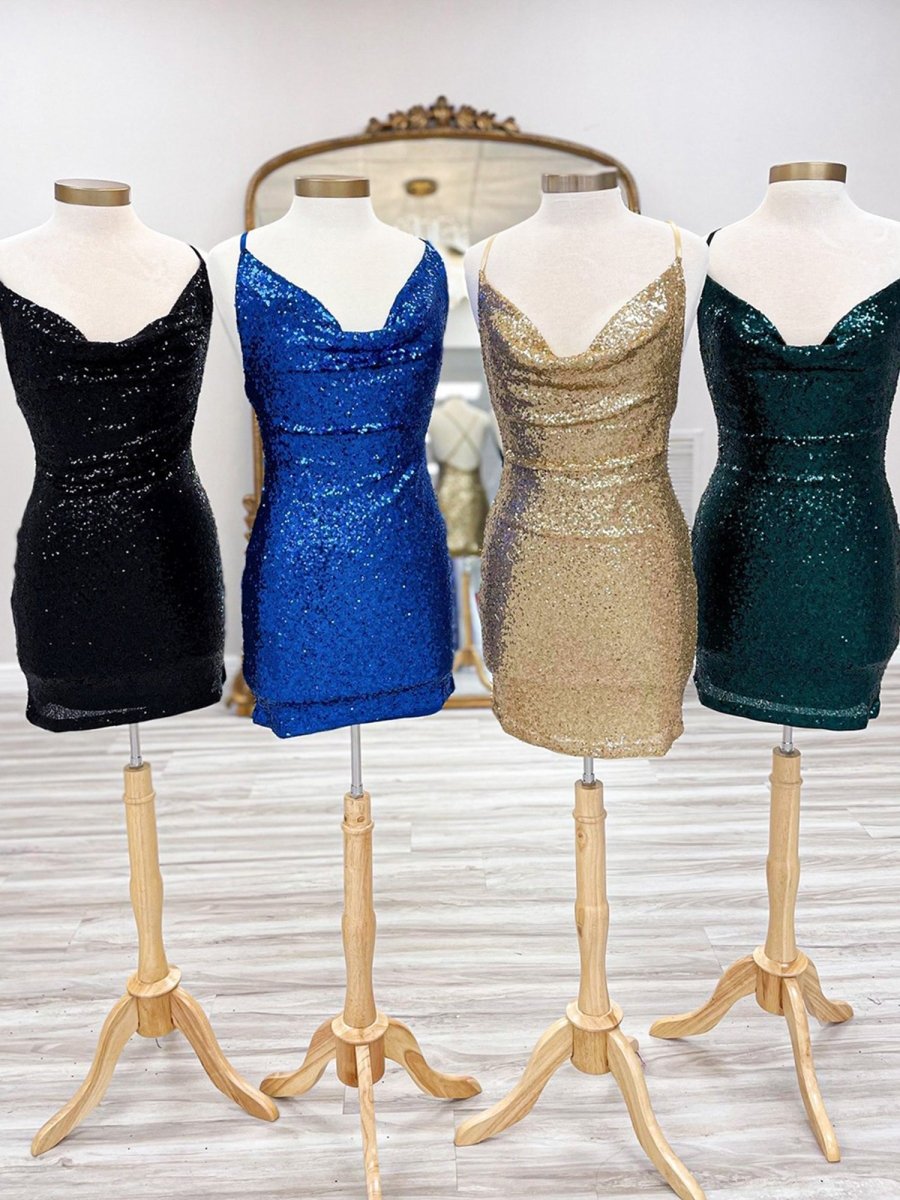 Salvia | Dark Green - Spaghetti Straps Sequins Sheath Short Homecoming Dress