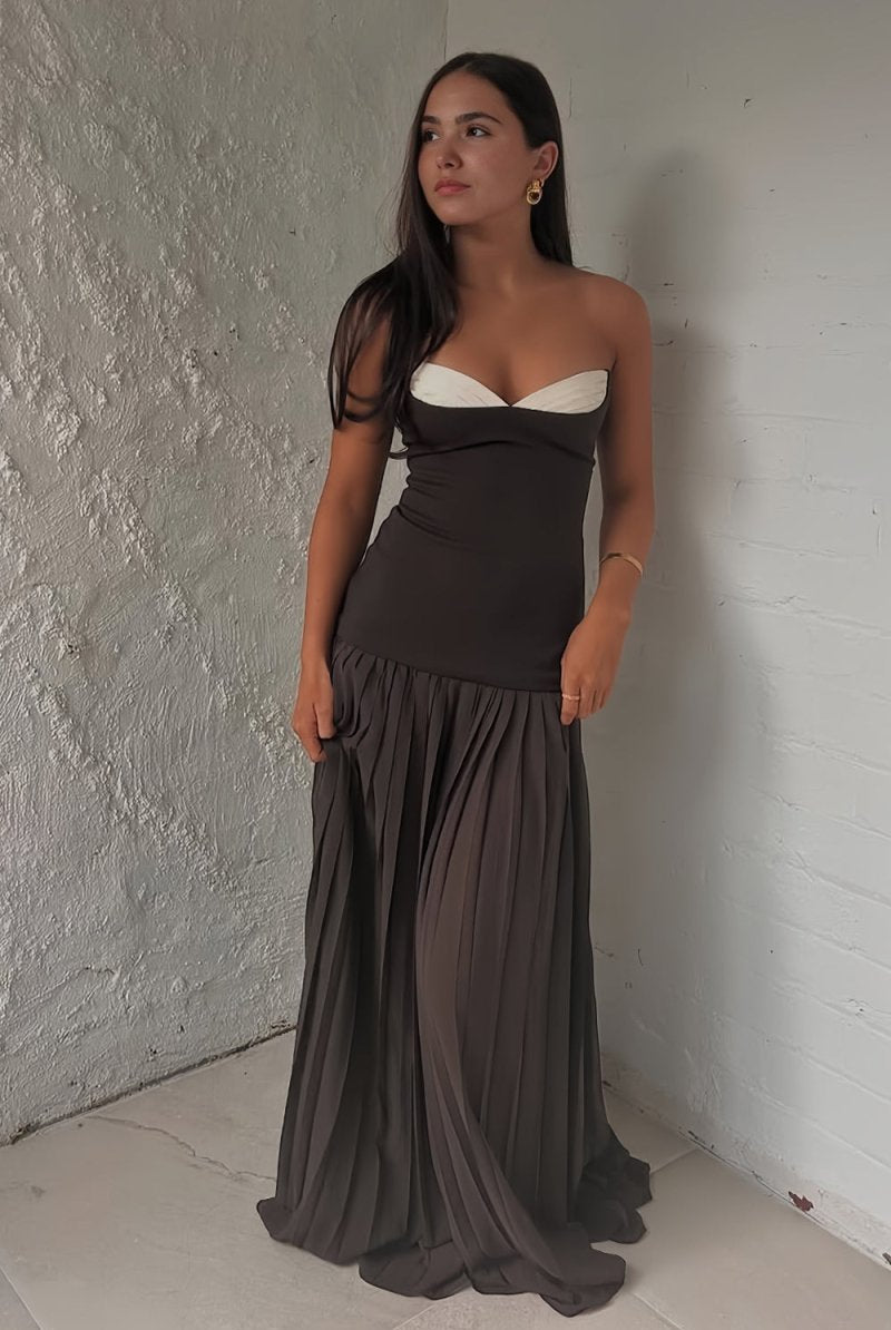 KissProm-Samaher Brown Strapless Sheath Chiffon Pleated Long Prom Dresses