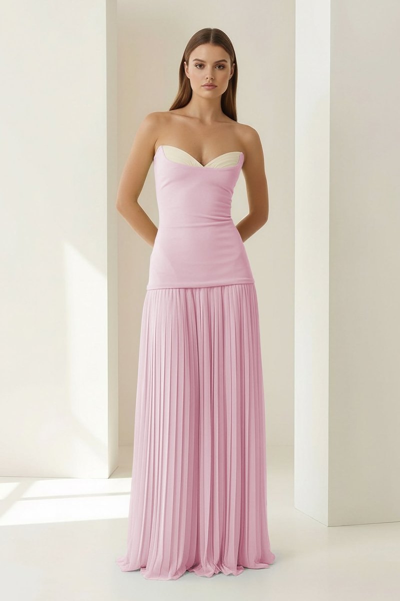 Samaher | Blue - Strapless Sheath Chiffon Pleated Long Prom Dresses - KissProm