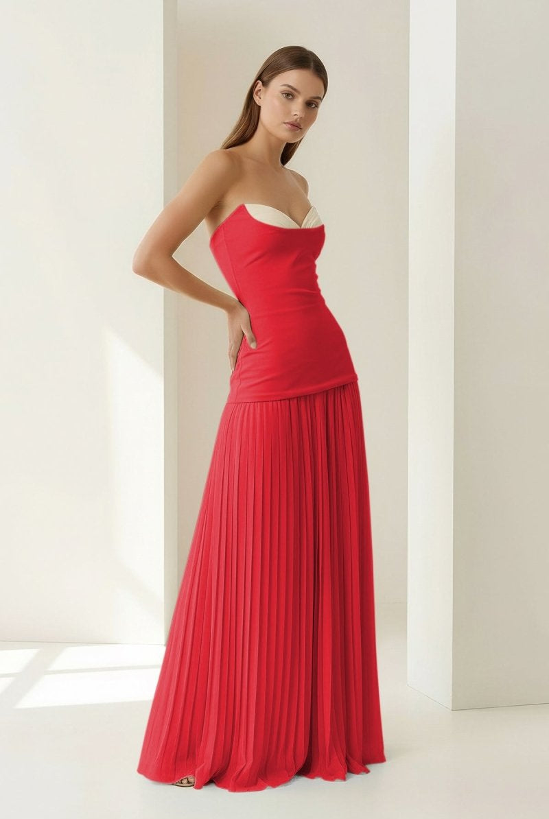 Samaher | Blue - Strapless Sheath Chiffon Pleated Long Prom Dresses - KissProm