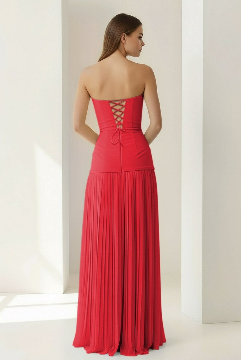 Samaher | Blue - Strapless Sheath Chiffon Pleated Long Prom Dresses - KissProm