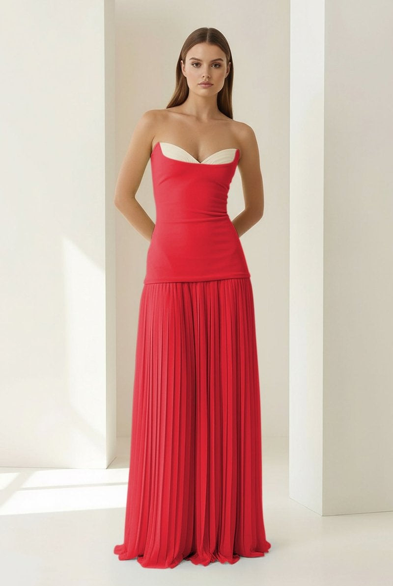 Samaher | Blue - Strapless Sheath Chiffon Pleated Long Prom Dresses - KissProm