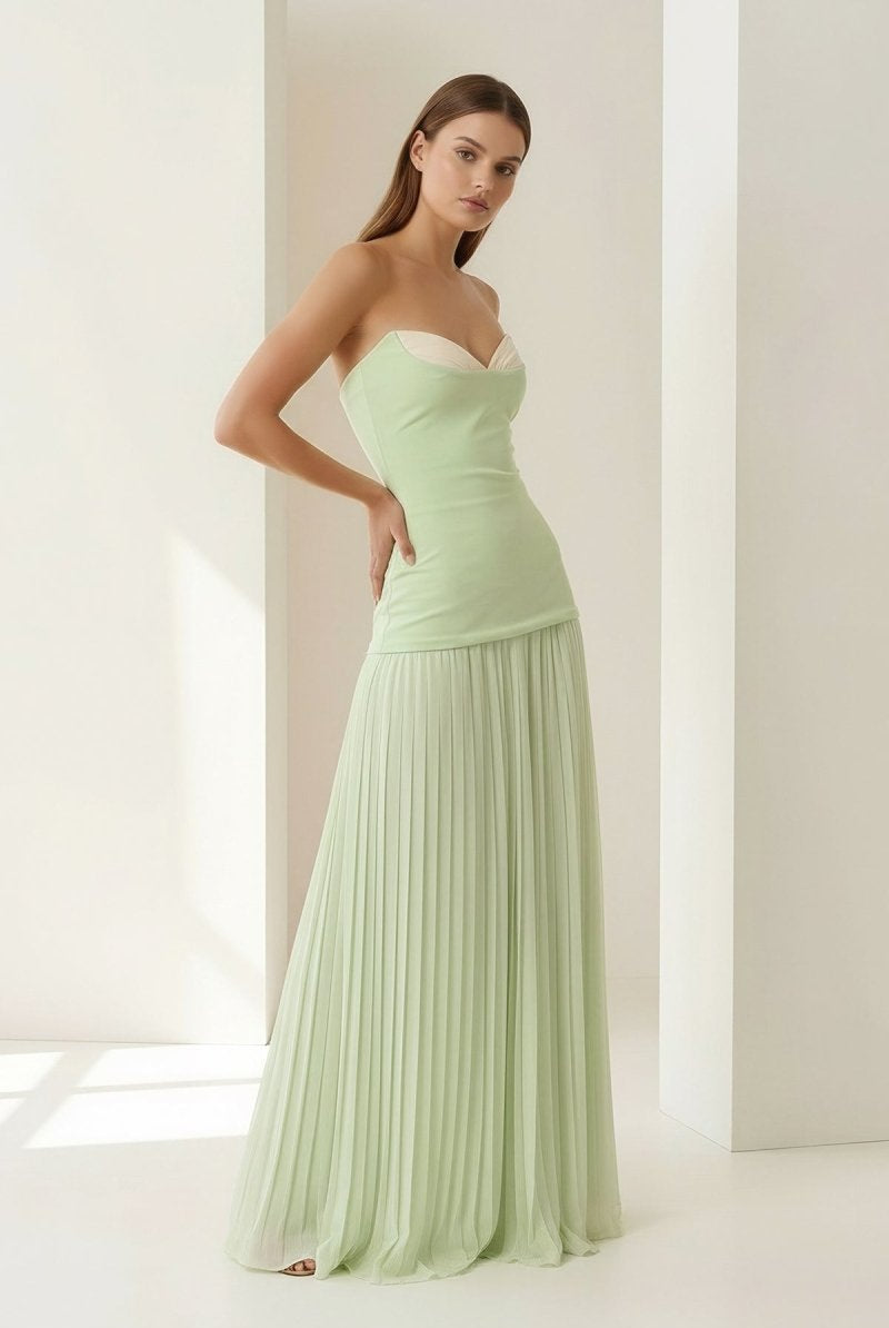 Samaher | Sage - Strapless Sheath Chiffon Pleated Long Prom Dresses - KissProm