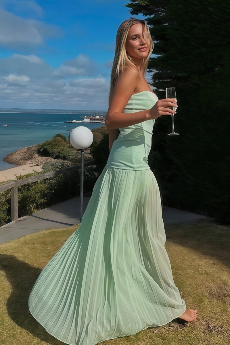 KissProm-Samaher Sage Strapless Sheath Chiffon Pleated Long Prom Dresses