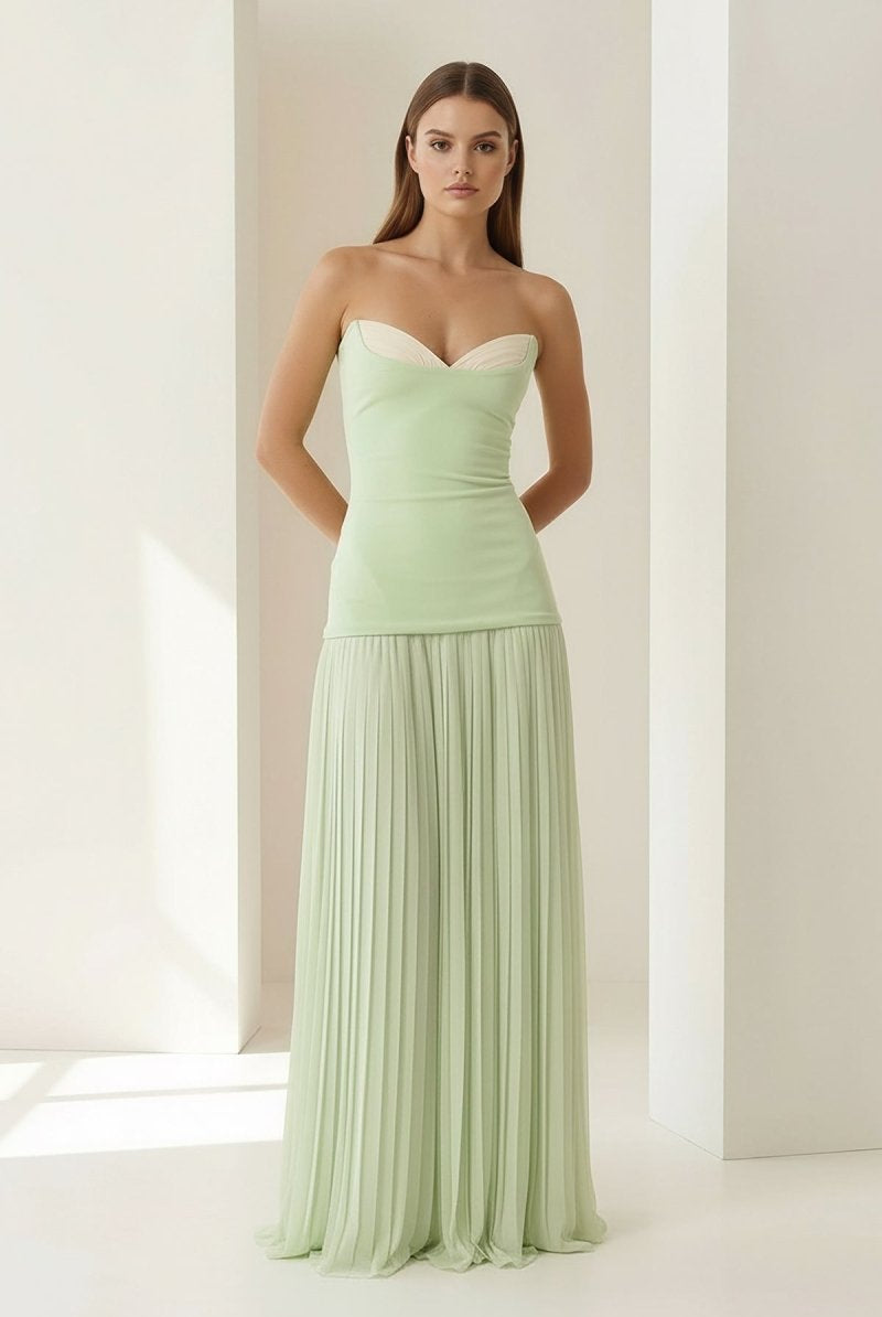 Samaher | Sage - Strapless Sheath Chiffon Pleated Long Prom Dresses - KissProm