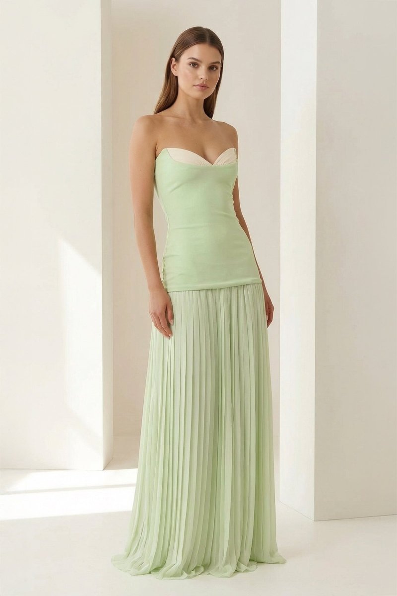 Samaher | Sage - Strapless Sheath Chiffon Pleated Long Prom Dresses - KissProm