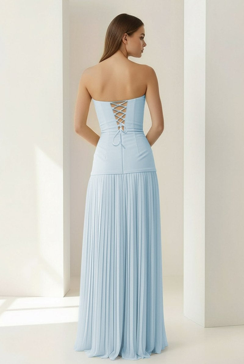 Samaher | Blue - Strapless Sheath Chiffon Pleated Long Prom Dresses - KissProm