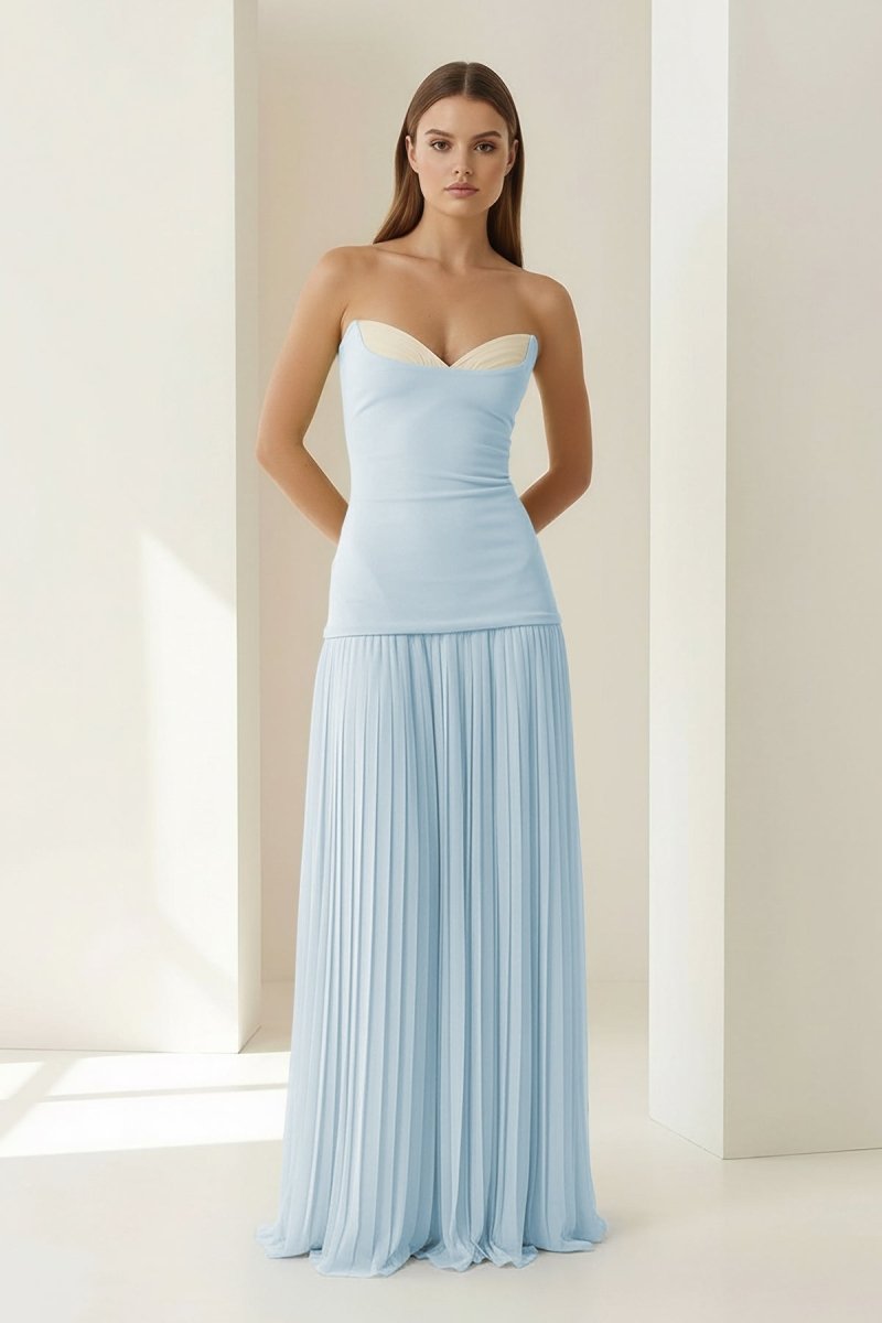 Samaher | Blue - Strapless Sheath Chiffon Pleated Long Prom Dresses - KissProm