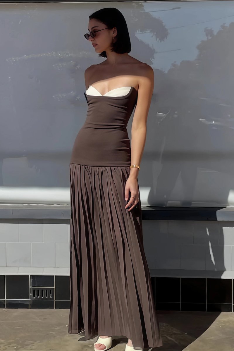 KissProm-Samaher Brown Strapless Sheath Chiffon Pleated Long Prom Dresses