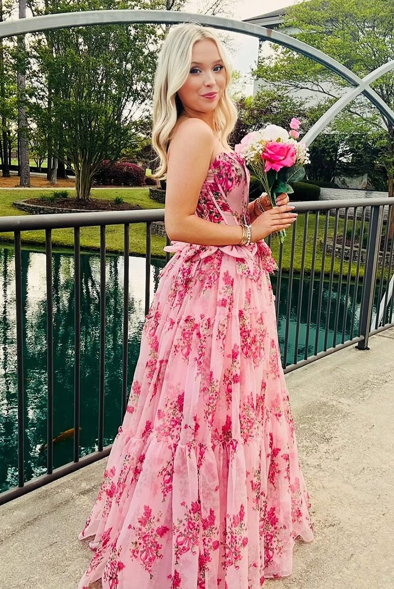 Santiago | Pink Strapless Chiffon A Line Floral Tiered Prom Dress With Bow