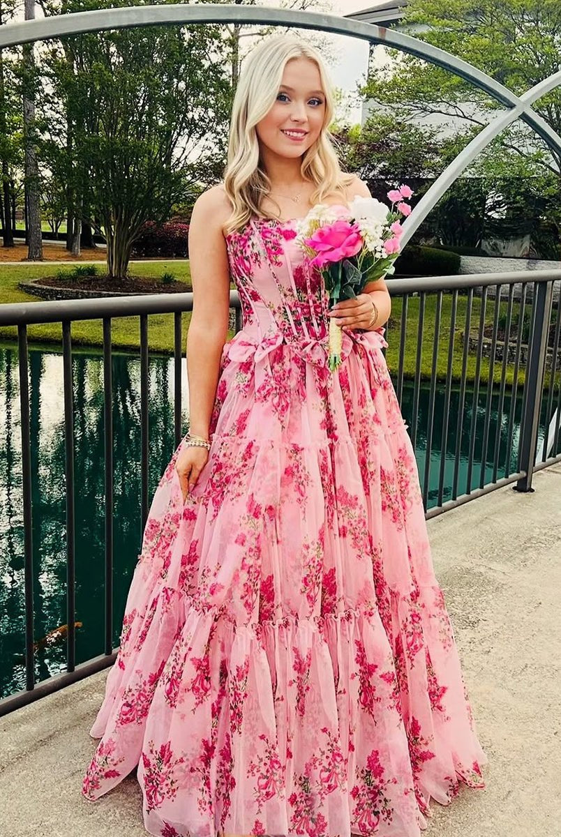 Santiago | Pink Strapless Chiffon A Line Floral Tiered Prom Dress With Bow