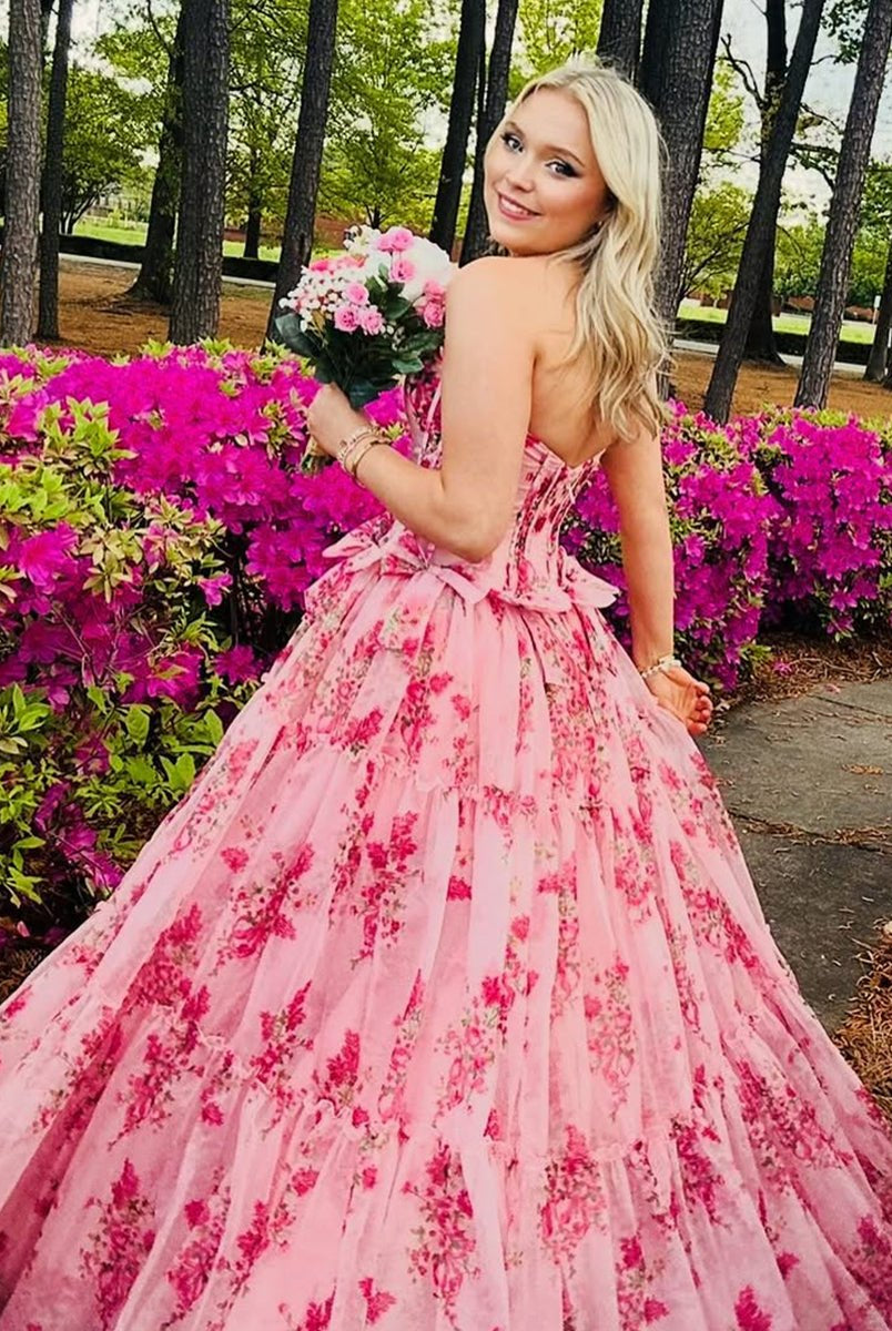 Santiago | Pink Strapless Chiffon A Line Floral Tiered Prom Dress With Bow