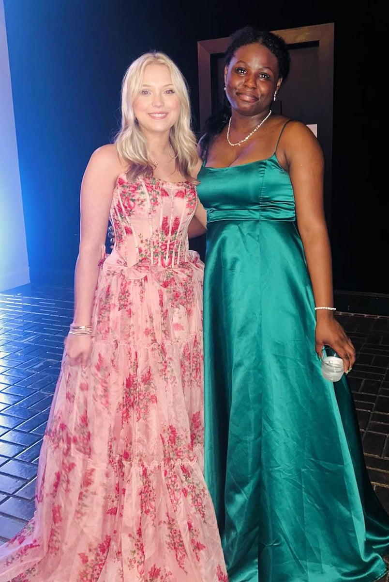 Santiago | Pink Strapless Chiffon A Line Floral Tiered Prom Dress With Bow