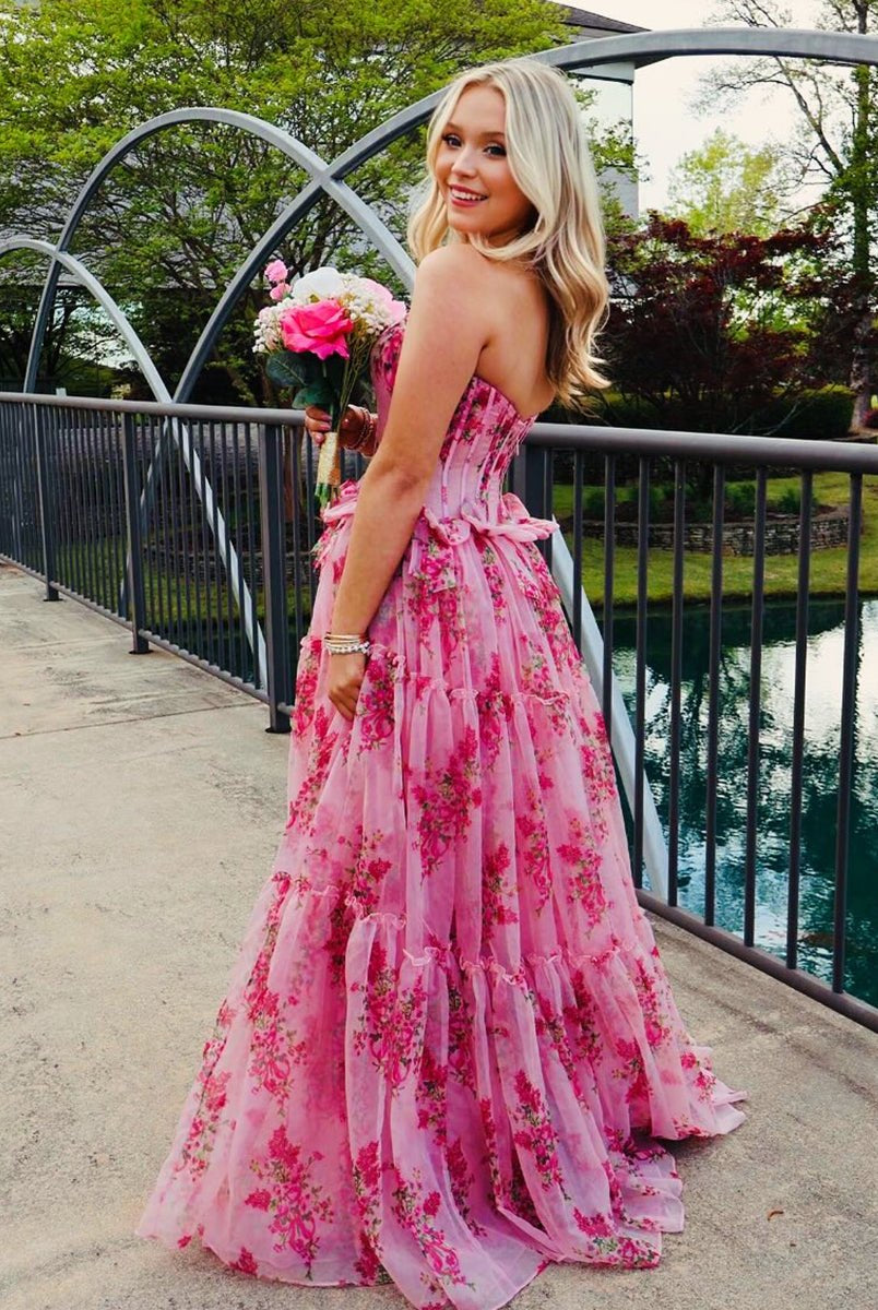 Santiago | Pink Strapless Chiffon A Line Floral Tiered Prom Dress With Bow