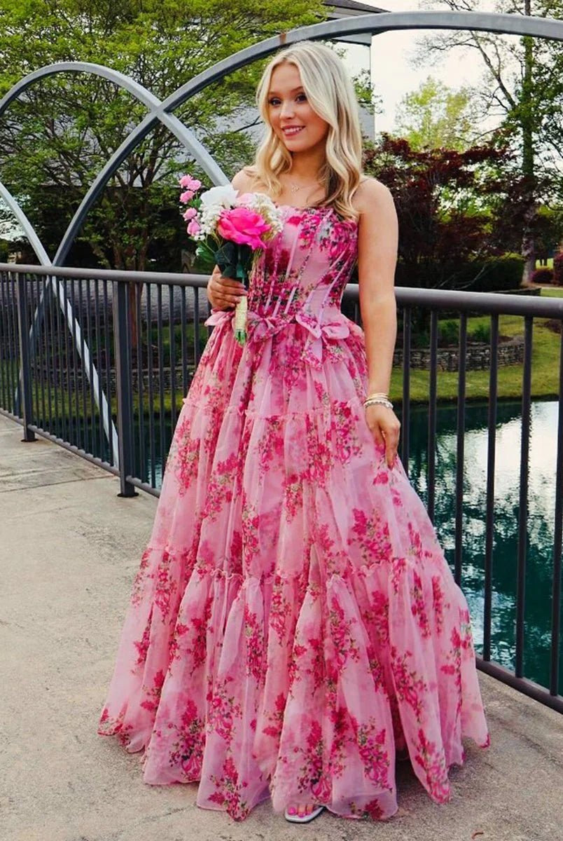 Santiago | Pink Strapless Chiffon A Line Floral Tiered Prom Dress With Bow