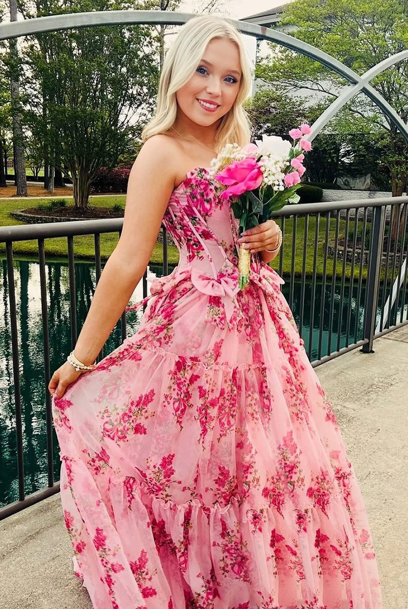 Santiago | Pink Strapless Chiffon A Line Floral Tiered Prom Dress With Bow