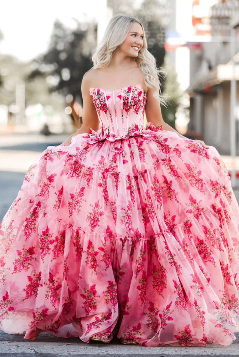 Santiago | Pink Strapless Chiffon A Line Floral Tiered Prom Dress With Bow