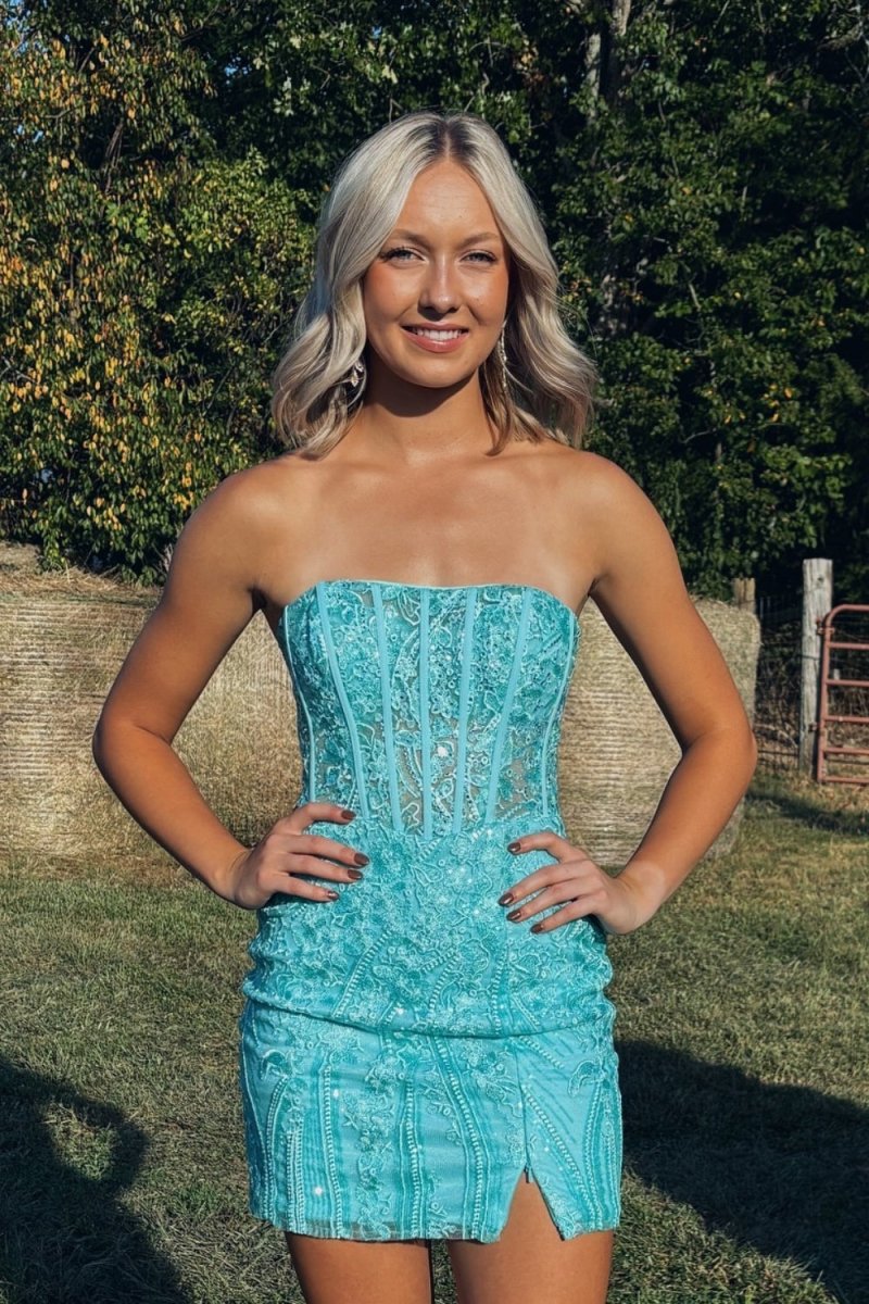 Turquoise - Strapless Bodycon Appliqued Mini Party Dresses With Slit Turquoise - Strapless Bodycon Appliqued Mini Party Dresses With Slit