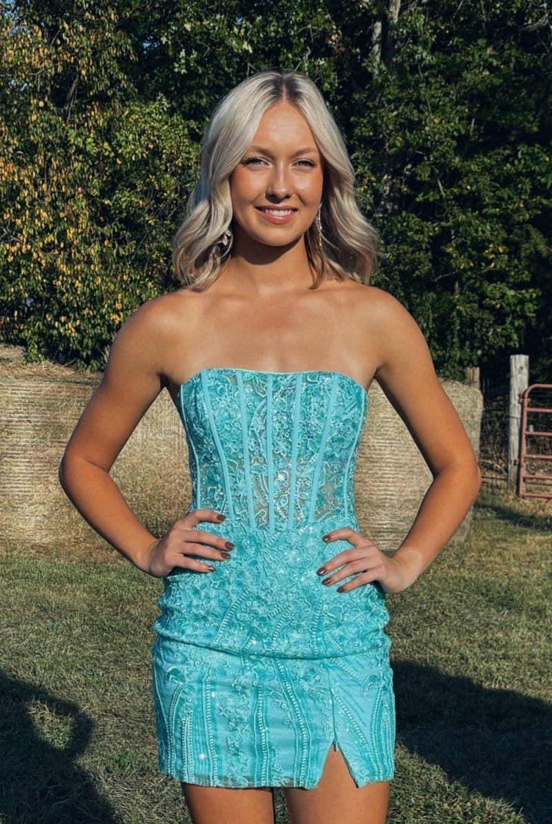 Sapphirina | Turquoise - Strapless Bodycon Appliqued Homecoming Dresses With Slit