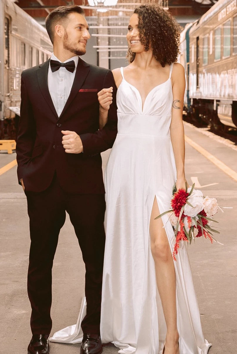 Satin A-Line Plunging Neckline Elegant Wedding Dress With Open Back And Split Front