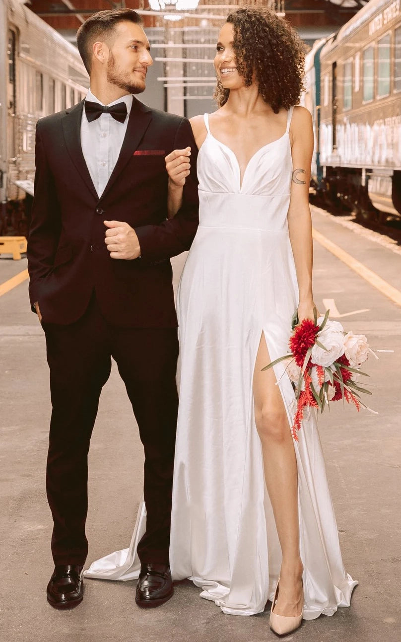 Satin A-Line Plunging Neckline Elegant Wedding Dress With Open Back And Split Front