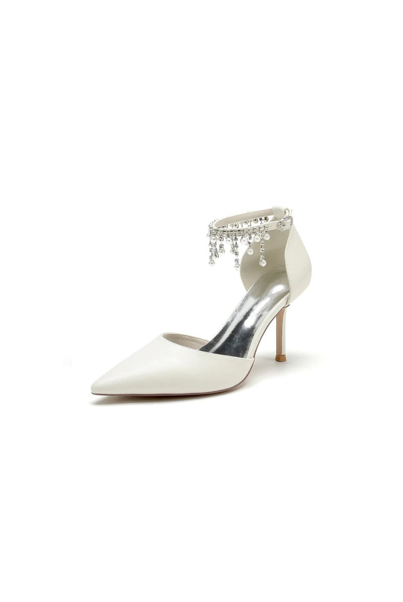 Satin Ankle Strap Pearl Beaded Satin Wedding Shoes - KissProm