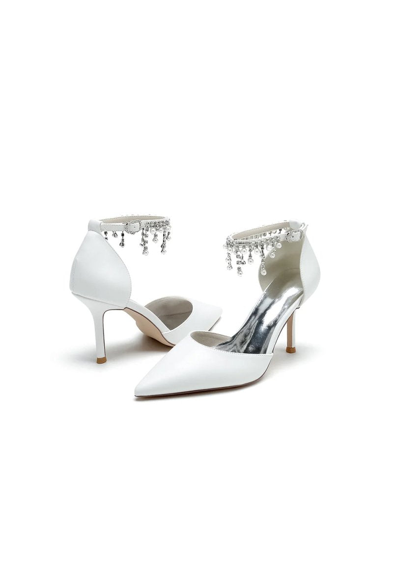 Satin Ankle Strap Pearl Beaded Satin Wedding Shoes - KissProm