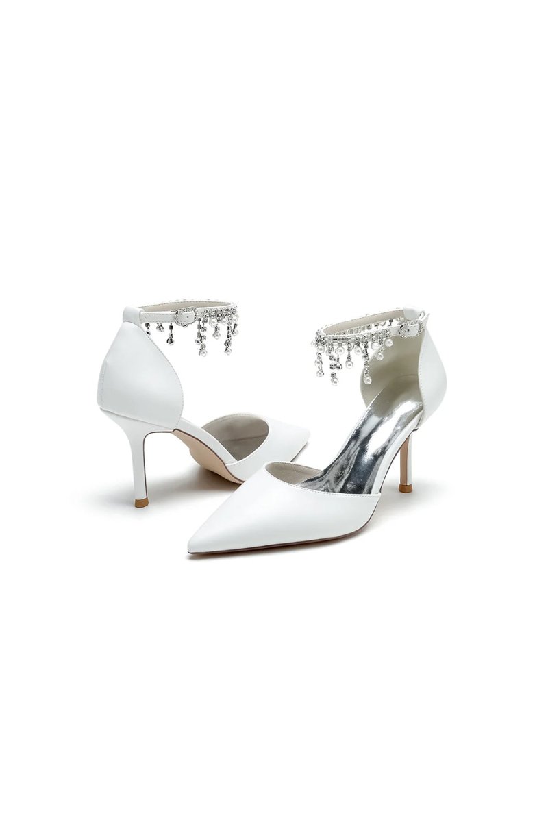 Satin Ankle Strap Pearl Beaded Satin Wedding Shoes - KissProm