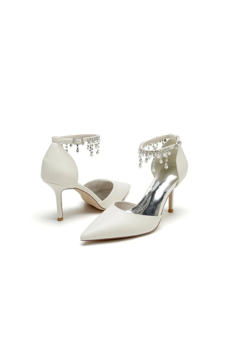 Satin Ankle Strap Pearl Beaded Satin Wedding Shoes - KissProm