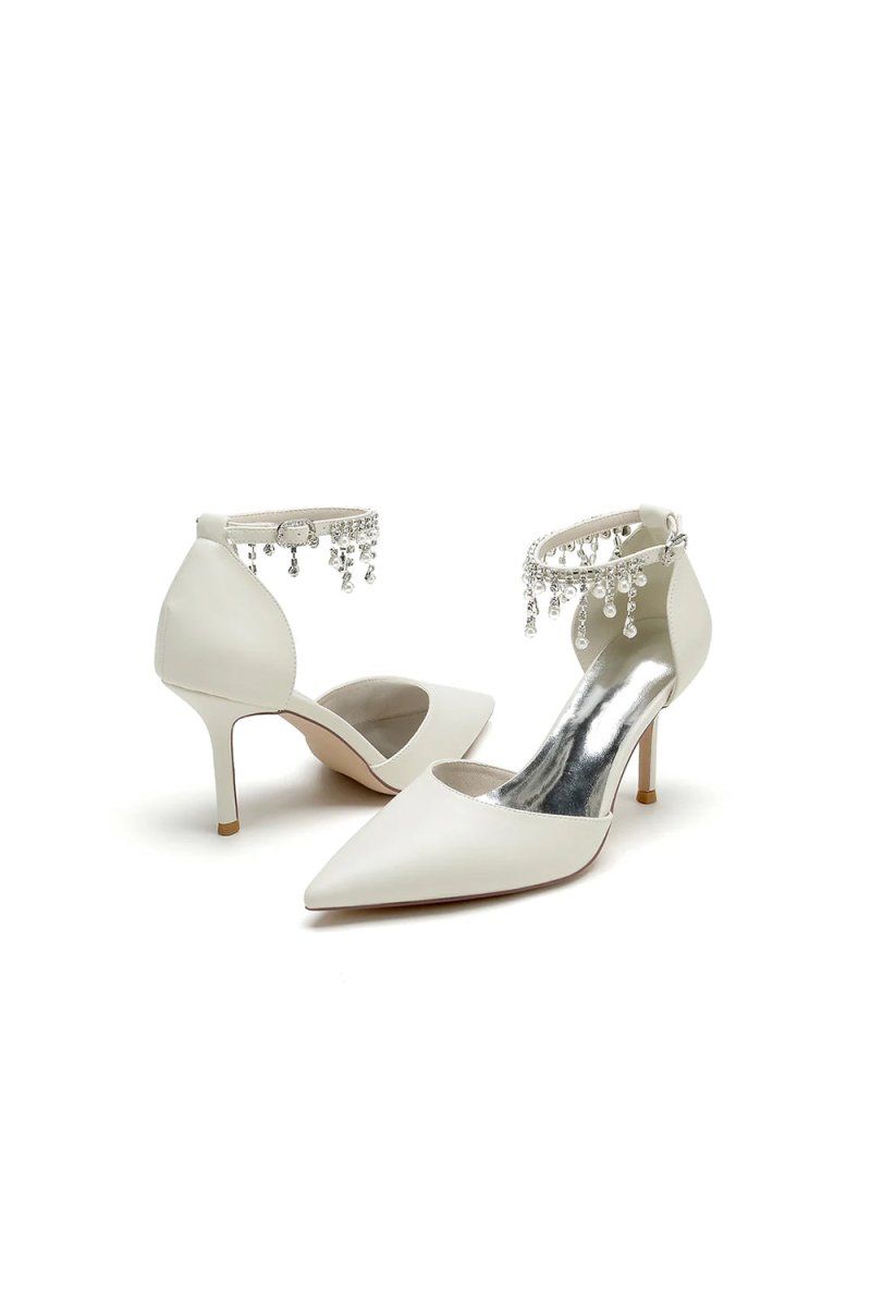 Satin Ankle Strap Pearl Beaded Satin Wedding Shoes - KissProm