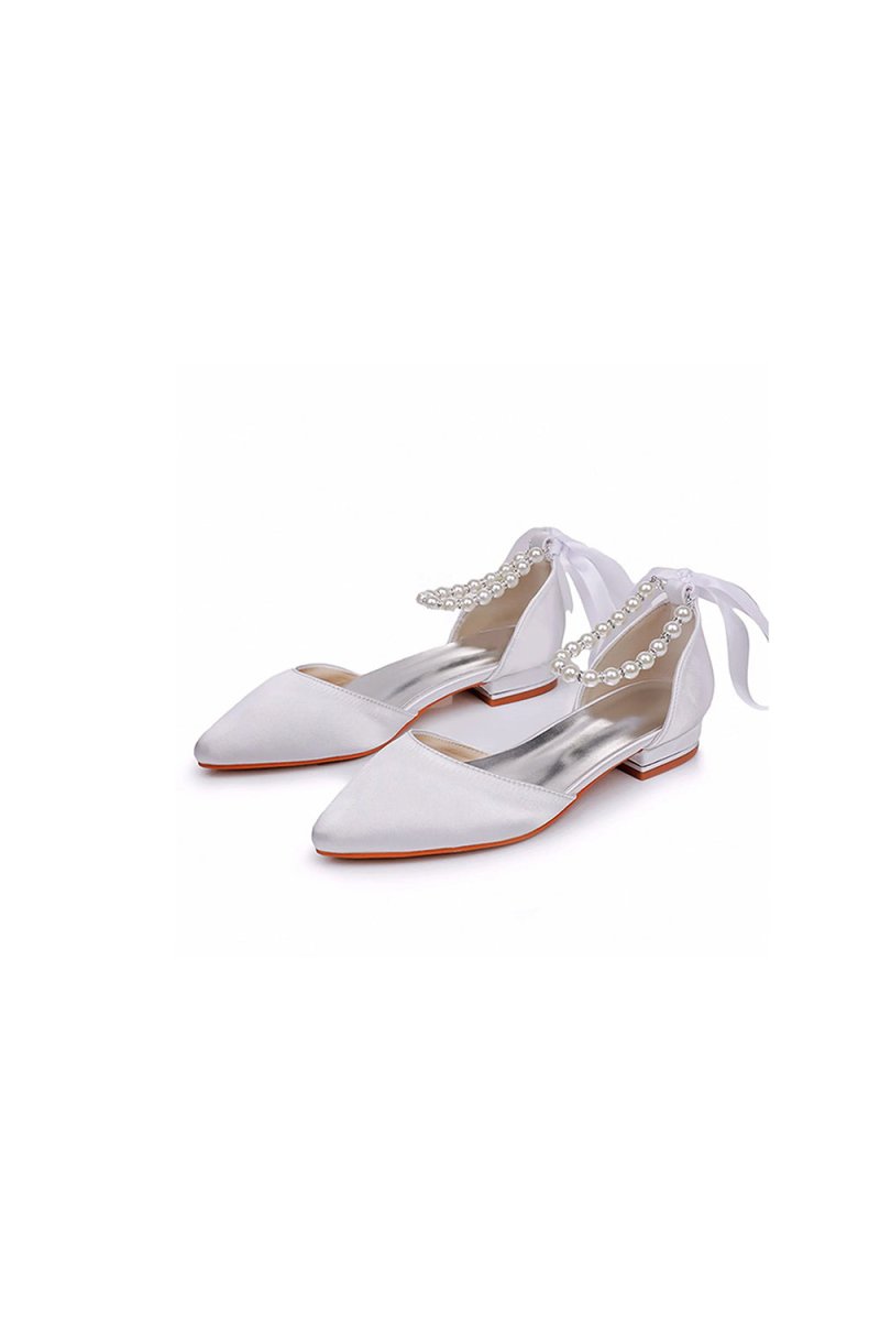 Satin Beaded Ribbon Low Heels Bridal Shoes - KissProm