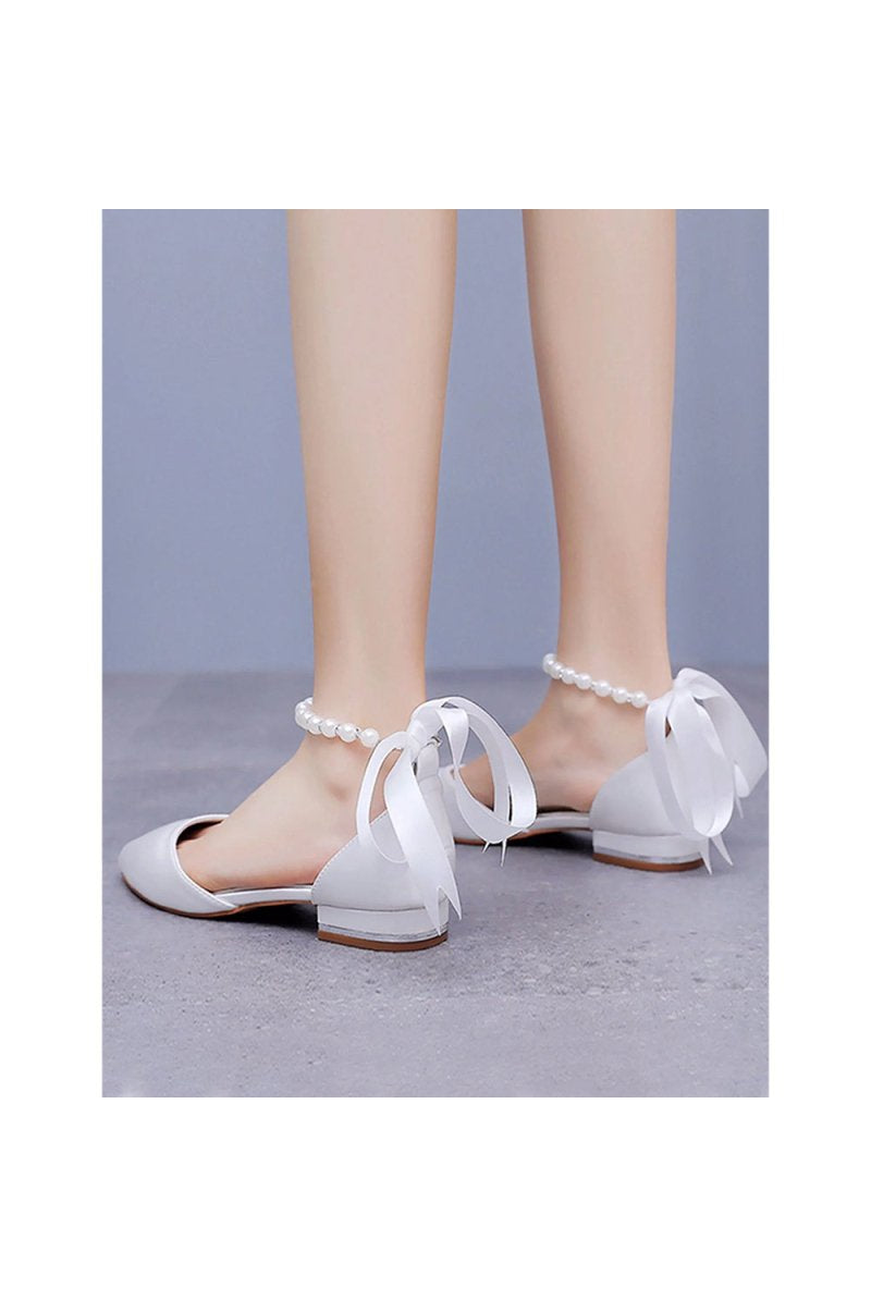 Satin Beaded Ribbon Low Heels Bridal Shoes - KissProm