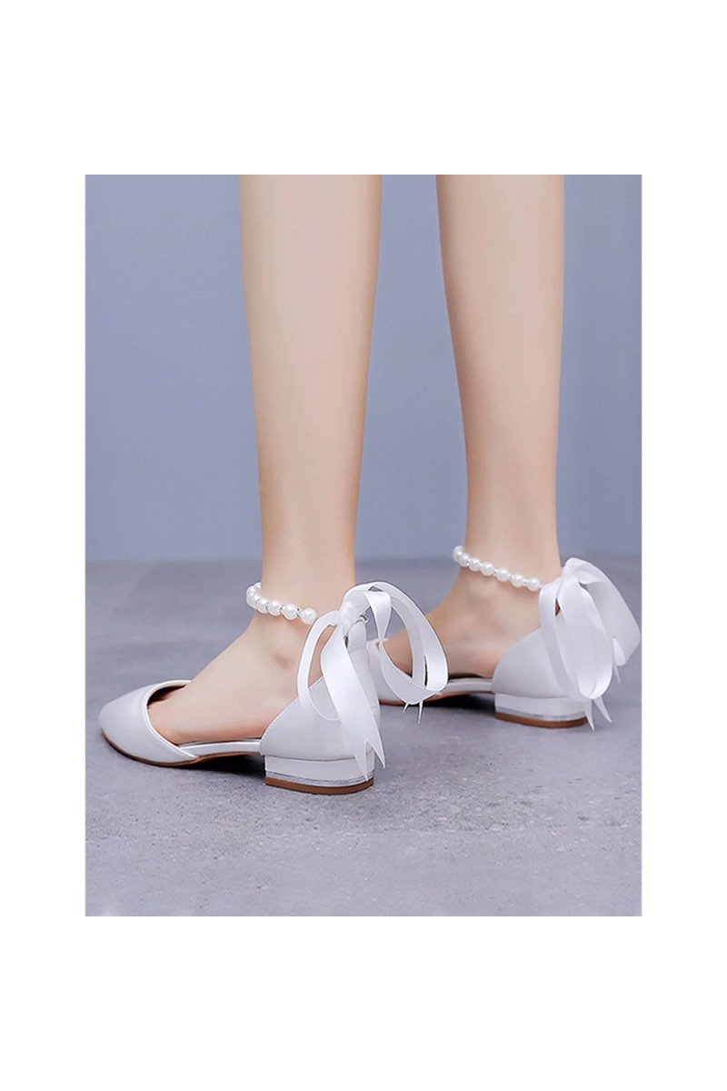 Satin Beaded Ribbon Low Heels Bridal Shoes - KissProm