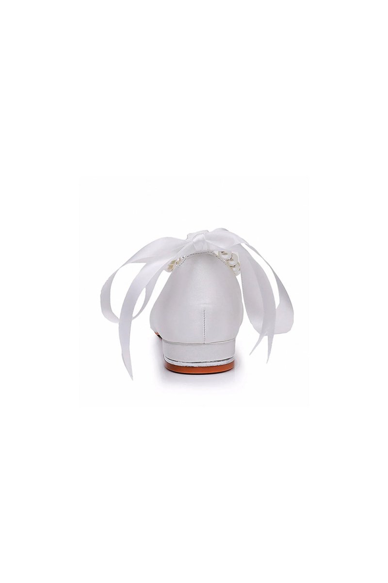 Satin Beaded Ribbon Low Heels Bridal Shoes - KissProm