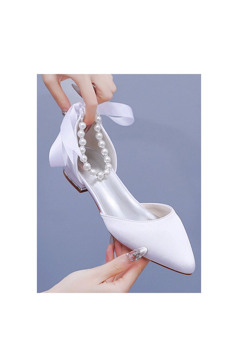Satin Beaded Ribbon Low Heels Bridal Shoes - KissProm