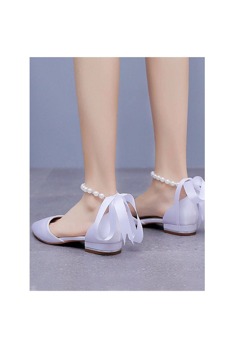 Satin Beaded Ribbon Low Heels Bridal Shoes - KissProm