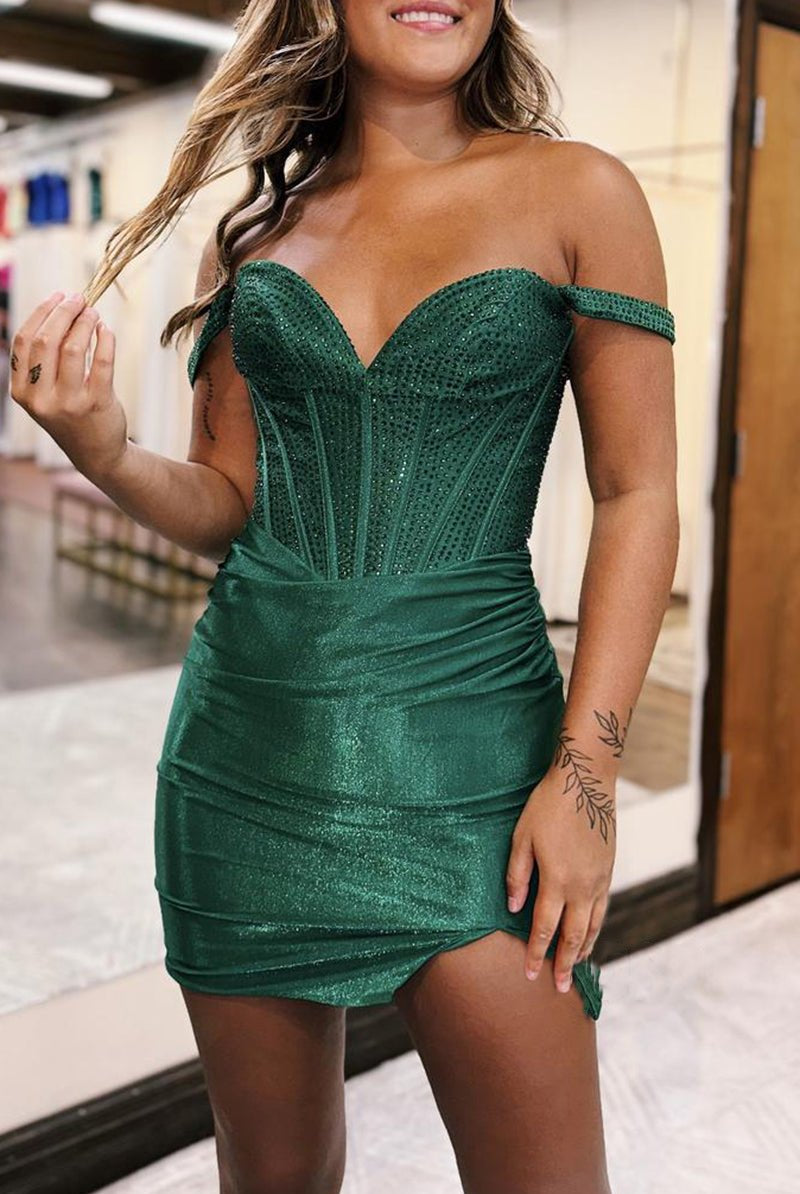 Satin Fitted Off-Shoulder Ruched Beaded Homecoming Dress