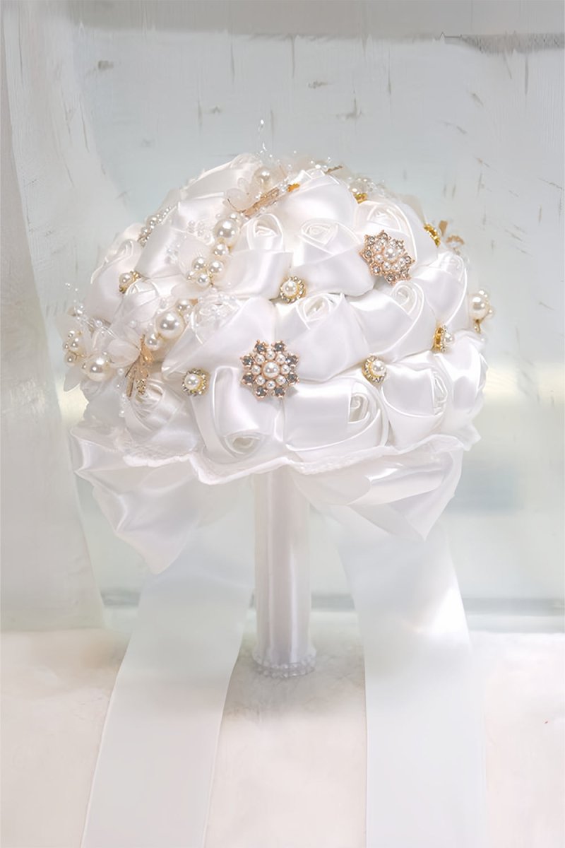 Satin Pearl Ribbon Cascade Wedding Flower Bouquets - KissProm