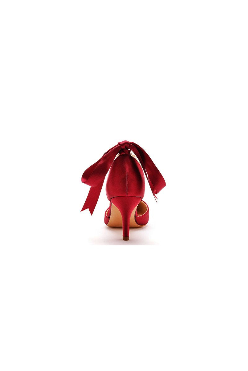 Satin Pearl Ribbon Tie Pointed Toe Ankle Strap High Heels - KissProm