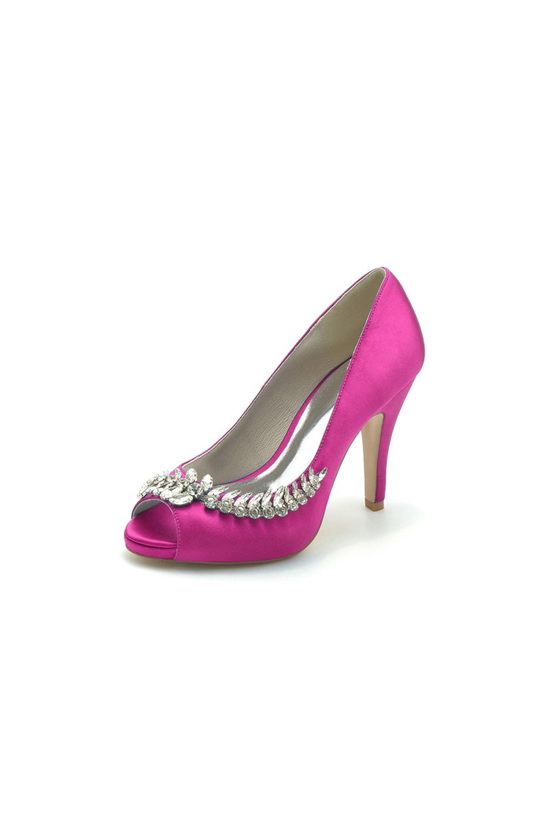 Satin Peep Toe Slip - on Rhinestone High Heels - KissProm